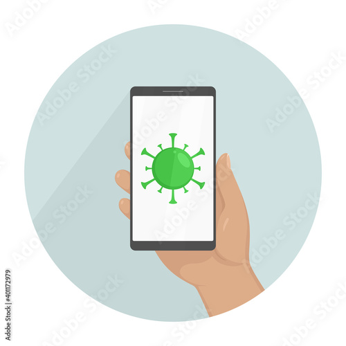 Smartphone with virus symbol on screen. Vector illustration.