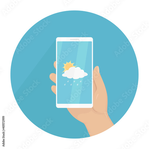 Hand hold mobile phone with weather forecast. Vector illustration.