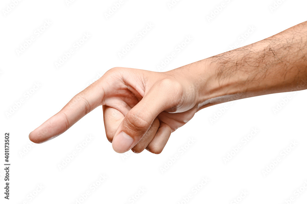 Male caucasian hand touching or pointing to something isolated on white background. Male caucasian hand touching or pointing to something isolated on white background.