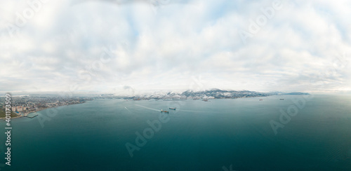 Aerial photography with a panorama of the city of Novorossiysk in winter