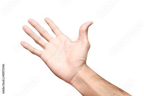 Male caucasian hand show finger number five isolated on white background.