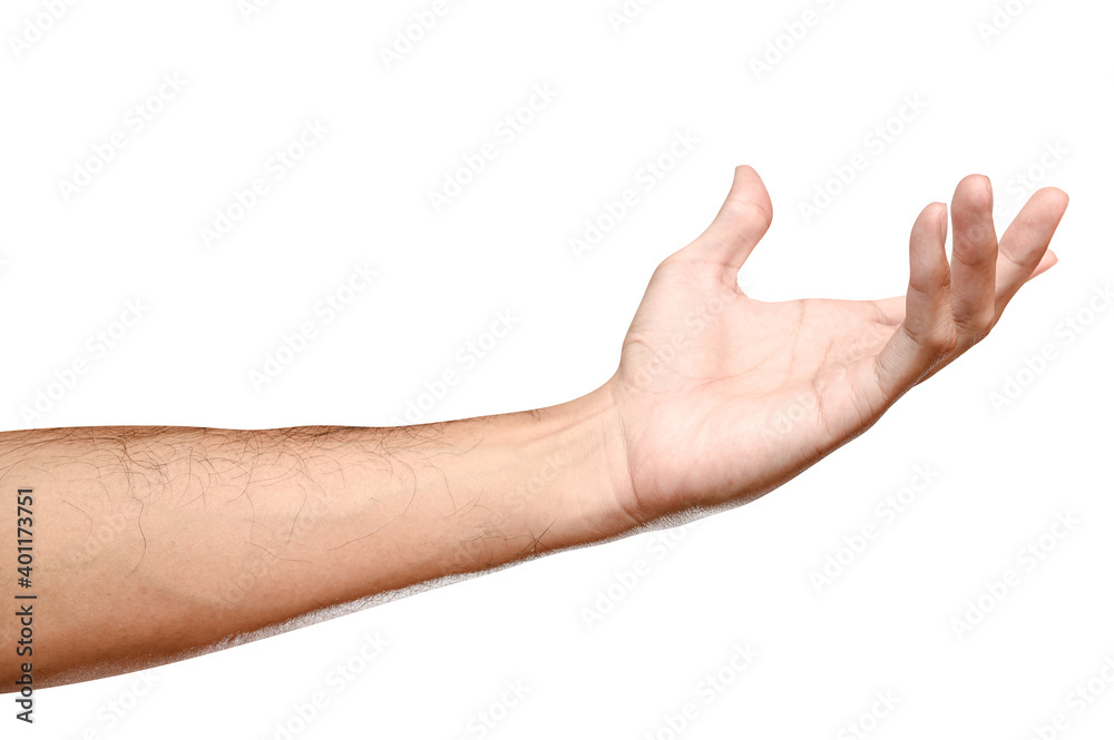 Male caucasian hand reach and ready to help or receive. Gesture isolated on white background. Male caucasian hand reach and ready to help or receive. Gesture isolated on white background.
