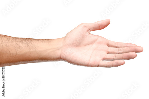 Male caucasian hand reach and ready to help or receive. Gesture isolated on white background.