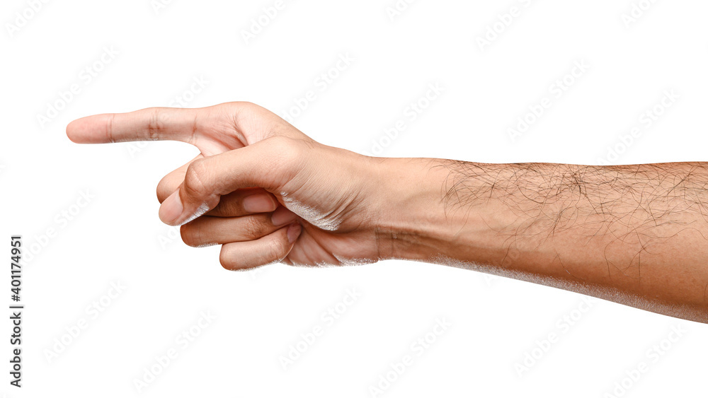 Male caucasian hand touching or pointing to something isolated on white background. Male caucasian hand touching or pointing to something isolated on white background.