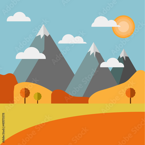 Mountainous terrain with sun and clouds