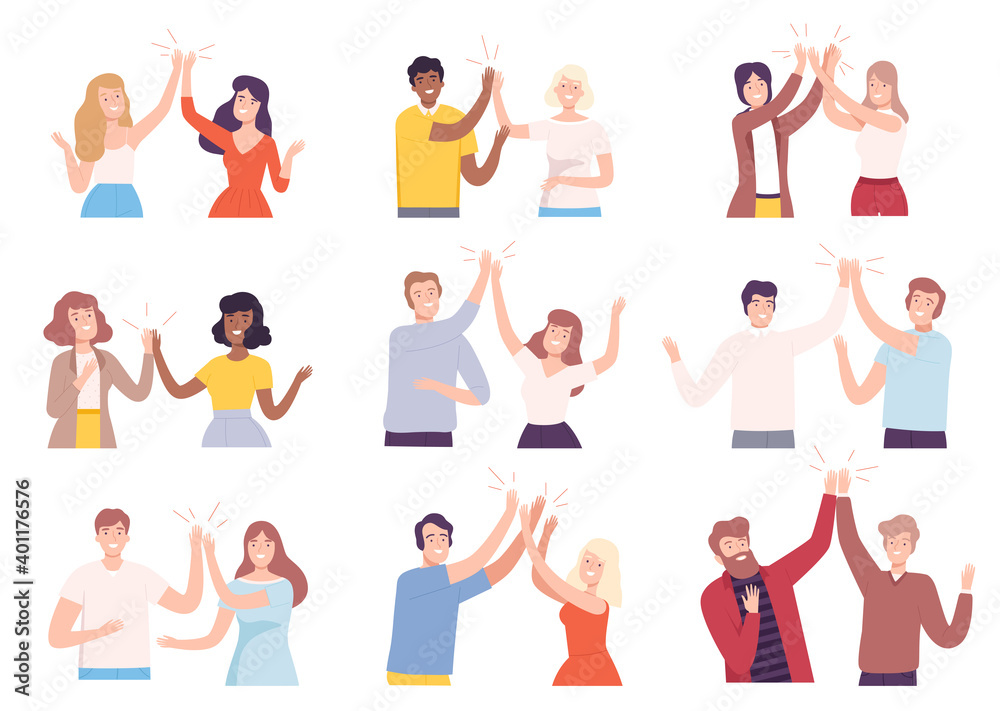 Collection of People Giving High Five, Cheerful Men and Women Greeting Each Other, Celebrating Success, Expressing Happiness Cartoon Style Vector Illustration Collection of People Giving High Five, Cheerful Men and Women Greeting Each Other, Celebrating Success, Expressing Happiness Cartoon Style Vector Illustration