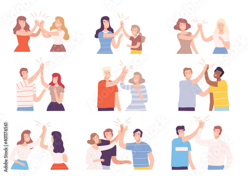 Collection of Happy People Giving High Five, Cheerful Men and Women Greeting Each Other, Celebrating Success Cartoon Style Vector Illustration