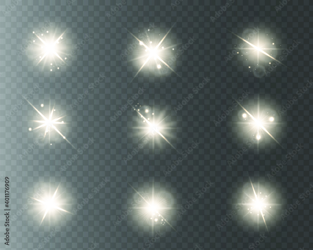 Shining golden stars isolated on transparent background. A set of six sparkling highlights for New Year and Christmas. Vector illustration Shining golden stars isolated on transparent background. A set of six sparkling highlights for New Year and Christmas. Vector illustration