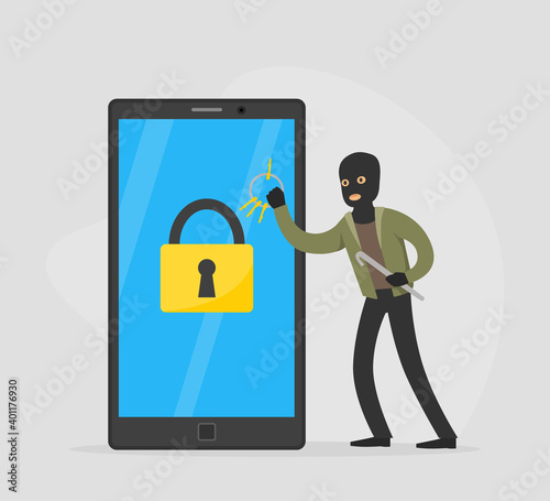 Male Burglar Hacking Smartphone and Stealing Personal Information from Laptop Phone, Lawless Criminal Scene Flat Vector Illustration