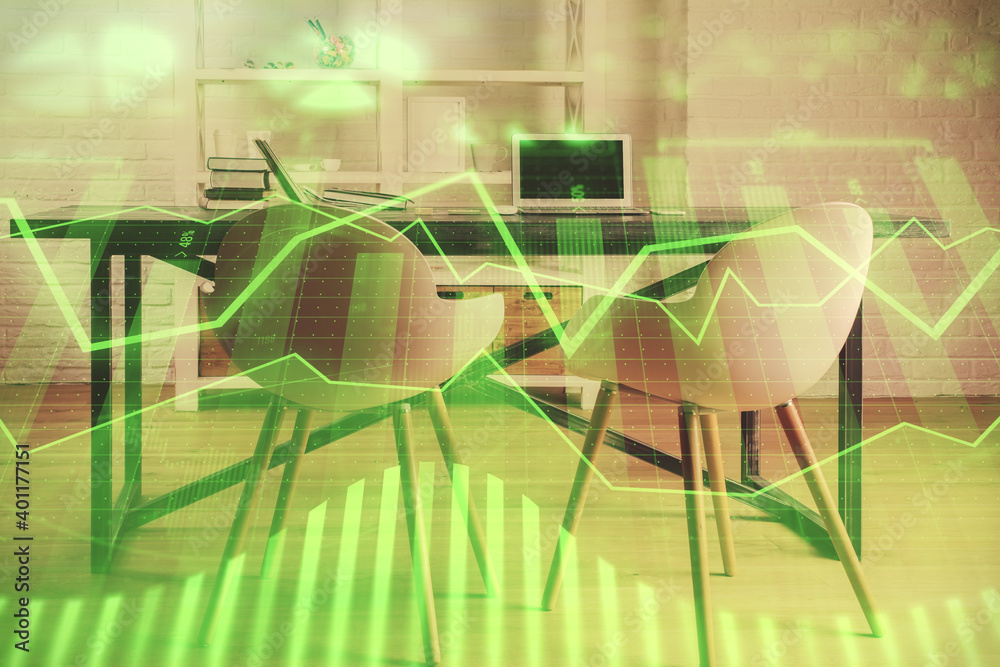 Multi exposure of financial graph drawing and office interior background. Concept of market analysis. Multi exposure of financial graph drawing and office interior background. Concept of market analysis.