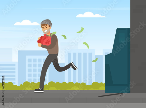 Male Thief Stealing Money from ATM, Burglar Committing Robbery, Theft Running with Money Bag, Lawless Financial Criminal Scene Vector Illustration