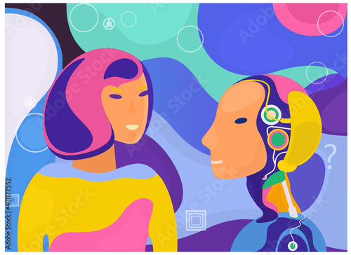 Vector poster with a girl and a robot. Robot assistant. Communication with the robot.