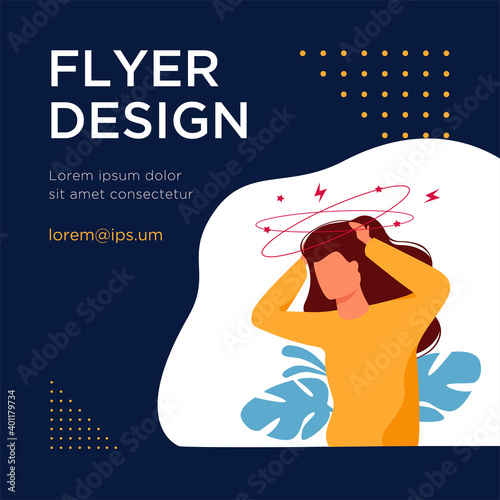 Sick person suffering from vertigo, feeling confused, dizzy and head ache. Flat vector illustration for stress, sickness symptoms, migraine, hangover concept
