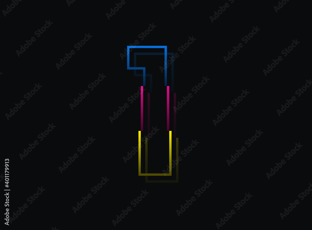 1 number font, vector desing logo.Dynamic, split-color, blue, pink, yellow on black background. Eps10 illustration