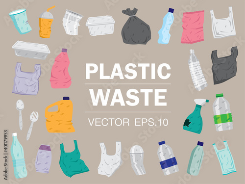 Plastic waste illustration vector set.
