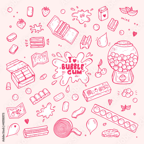 Vector Bubble Gum Set. Hand Drawn Doodle Chewing Gums and Candy. Sweets
