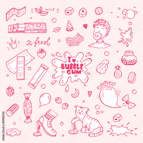 Vector Bubble Gum Set. Hand Drawn Doodle Chewing Gums and Candy. Sweets.
