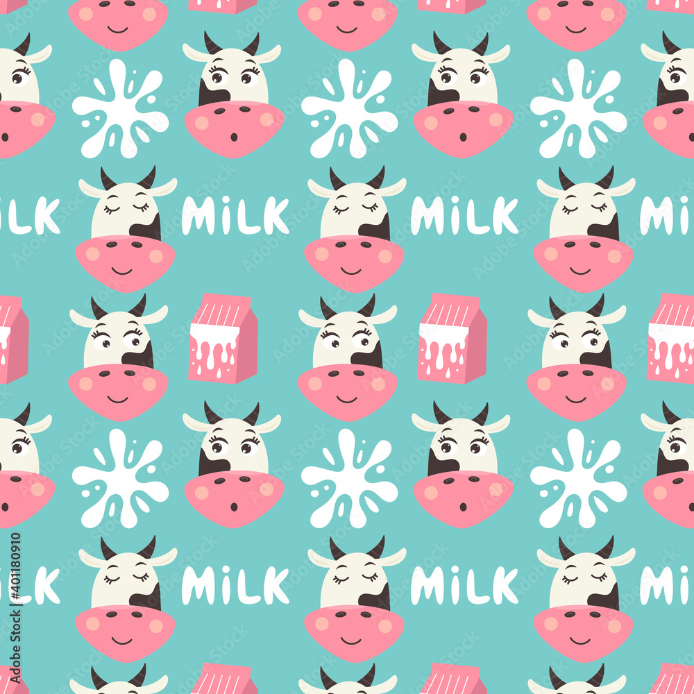 Cow face pattern with milk carton. Milk white and blue background. Vector modern repeating digital paper