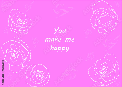 hand drawn greeting card for Valentine's day or wedding in pink color with roses in linear art style