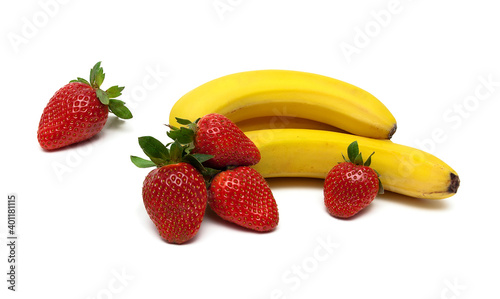 strawberries and bananas on a white background