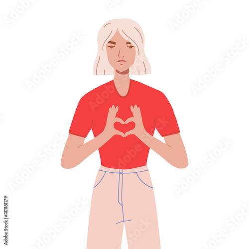 Woman showing heart with her hands. Compation and self-love concept. Young girl making hand heart symbol with her fingers that express love and acceptance. Flat cartoon drawing