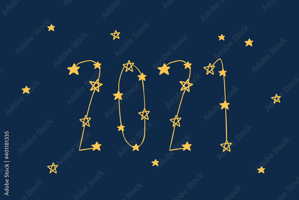 Greeting card with stars. Happy New Year 2021. Merry Christmas. Vector.