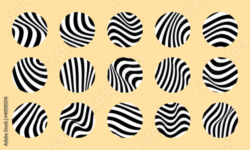 Set of highlight covers for social media stories  flat icons. Vector abstract elements with optical illusion  isolated on beige background.