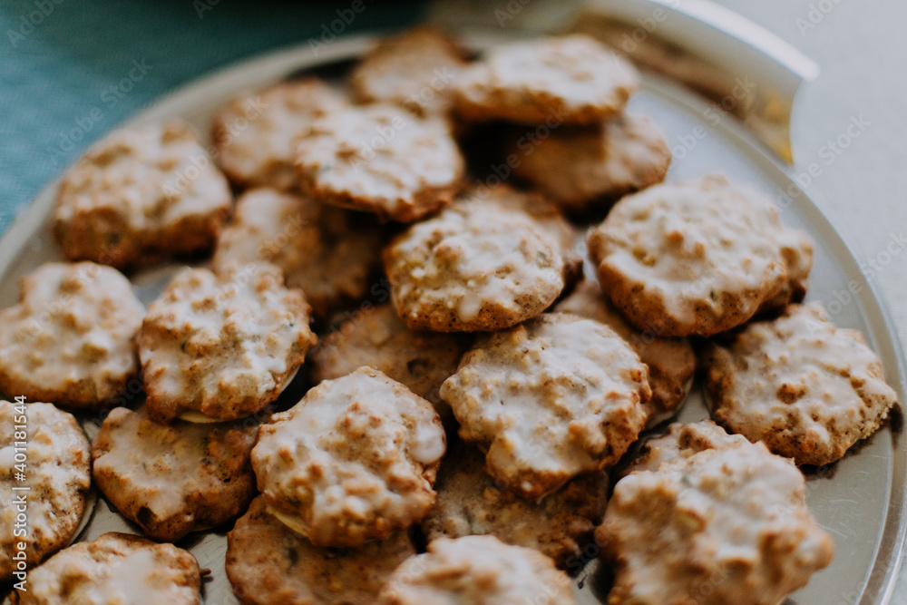 homemade gingerbread baked cookies with glazing sugar closeup photo german traditional biscuits for christmas time