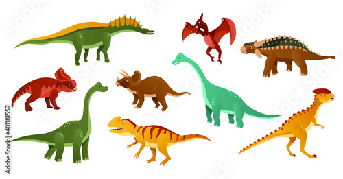 Colorful dinosaurs cartoon character illustration. Jurassic dinosaurs are depicted on a white background. Vector illustration 