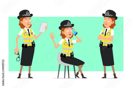 Cartoon flat funny british police woman character in yellow jacket with badge. Girl talking on phone and okay gesture. Ready for animation. Isolated on green background. Vector set.