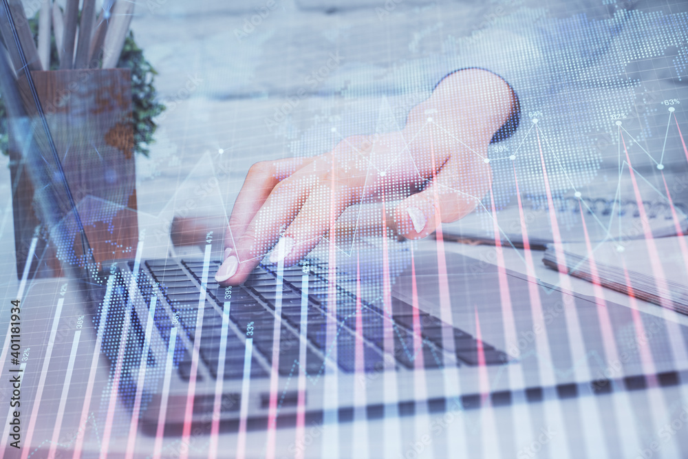 Multi exposure of woman hands typing on computer and forex chart hologram drawing. Stock market analysis concept. Multi exposure of woman hands typing on computer and forex chart hologram drawing. Stock market analysis concept.