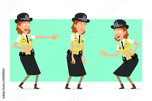 Cartoon flat funny british police woman character in yellow jacket with badge. Girl sad, tired, laughing and sneaking. Ready for animation. Isolated on green background. Vector set.