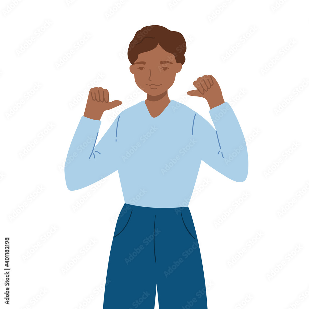 Teen standing and pointing with thumbs on himself. Young guy making hand gesture and expressing positive emations. Conecpt of aceeptance and understanding. Flat cartoon illustration