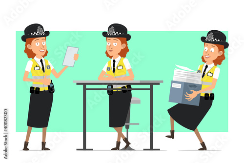 Cartoon flat funny british police woman character in yellow jacket with badge. Girl carrying paper box and reading note. Ready for animation. Isolated on green background. Vector set.