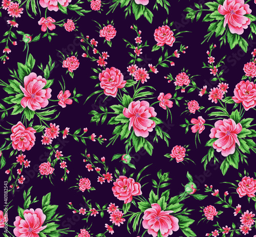 Flower pattern. Pink  bouquets peonies on dark background. Idea for textiles  prints for clothes and other.  Watercolor. Illustration. Hand drawn.