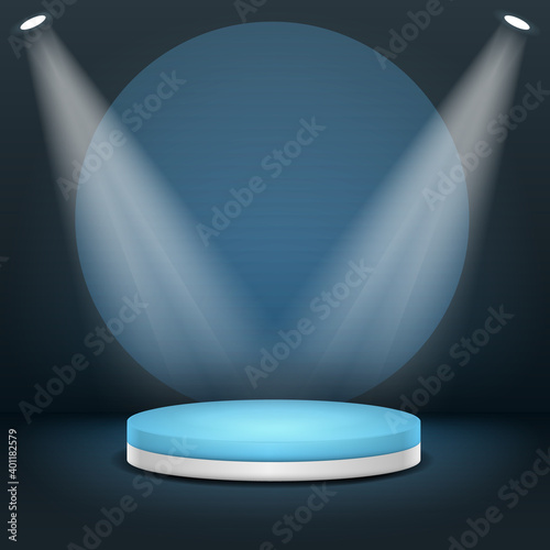 Scene interior studio room illuminated empty podium space wall floor vector illustration