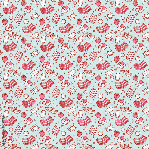 Vector Sweets. Bubble Gum, Fruits, Berries Seamless pattern. Hand Drawn Doodle Chewing Gums.
