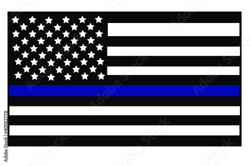 Vector illustration of USA black and white flag with with a thin blue line in honour of law enforcement officers. Law enforcement officers lives matter symbol.