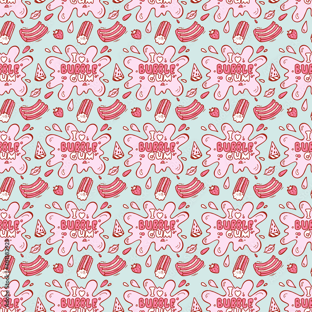 Naklejka premium Vector Sweets. Bubble Gum, Fruits, Berries Seamless pattern. Hand Drawn Doodle Chewing Gums. 