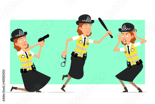 Cartoon flat funny british police woman character in yellow jacket with badge. Girl running with police baton and shooting from pistol. Ready for animation. Isolated on green background. Vector set.
