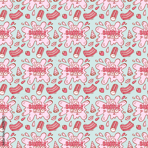 Vector Sweets. Bubble Gum, Fruits, Berries Seamless pattern. Hand Drawn Doodle Chewing Gums.
