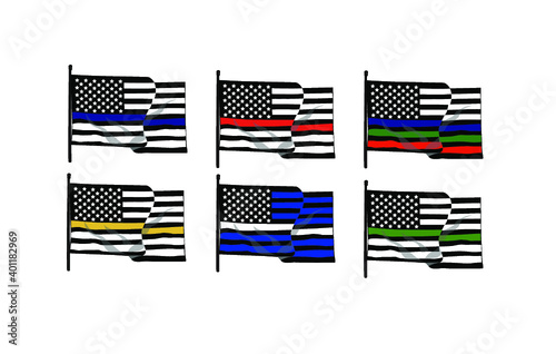Vector illustration of the USA waved flags set in honour of firefighters, law enforcement officers, military, search and rescue personnel, EMS and EMT.