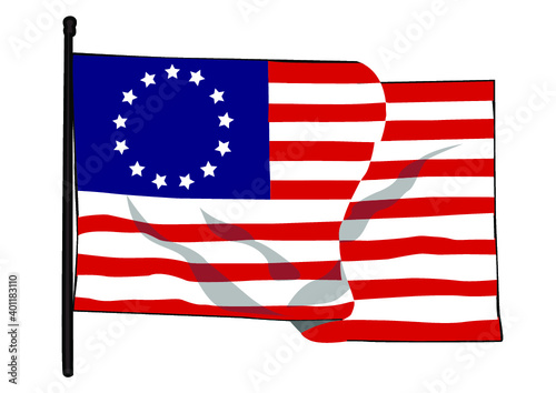 Vector illustration of waved coloured USA flag with EU's stars on white background. The symbol of European Union and the United States of America collaboration.
