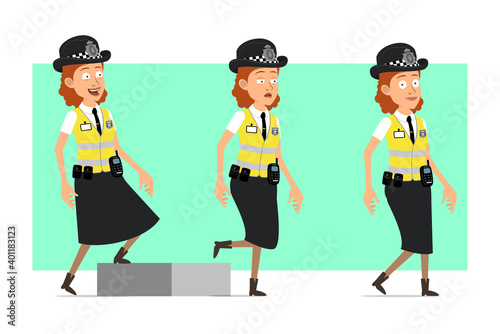 Cartoon flat funny british police woman character in yellow jacket with badge. Successful tired girl walking up to her goal. Ready for animation. Isolated on green background. Vector set.