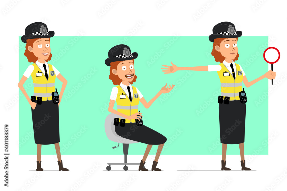 Cartoon flat funny british police woman character in yellow jacket with badge. Girl resting, showing warning and stop gesture. Ready for animation. Isolated on green background. Vector set. Cartoon flat funny british police woman character in yellow jacket with badge. Girl resting, showing warning and stop gesture. Ready for animation. Isolated on green background. Vector set.
