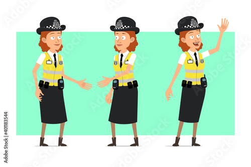 Cartoon flat funny british police woman character in yellow jacket with badge. Girl shaking hands and showing welcome gesture. Ready for animation. Isolated on green background. Vector set.