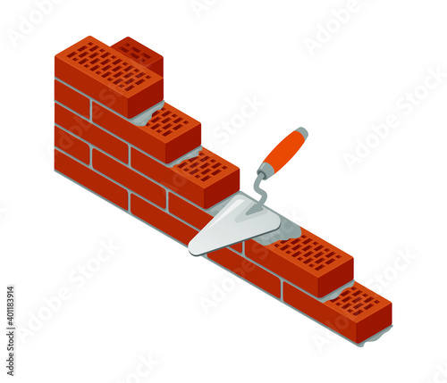 Realistic trowel and new red brick wall with cement mortar. Brickwork isometric vector icon for industrial design. Isolated on white background. 3D. Vector illustration.