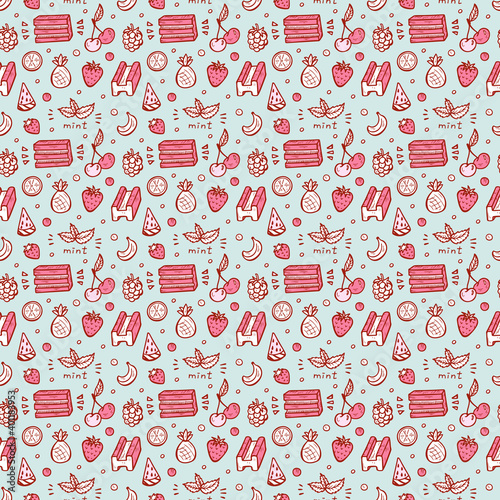 Vector Sweets. Bubble Gum, Fruits, Berries Seamless pattern. Hand Drawn Doodle Chewing Gums.
