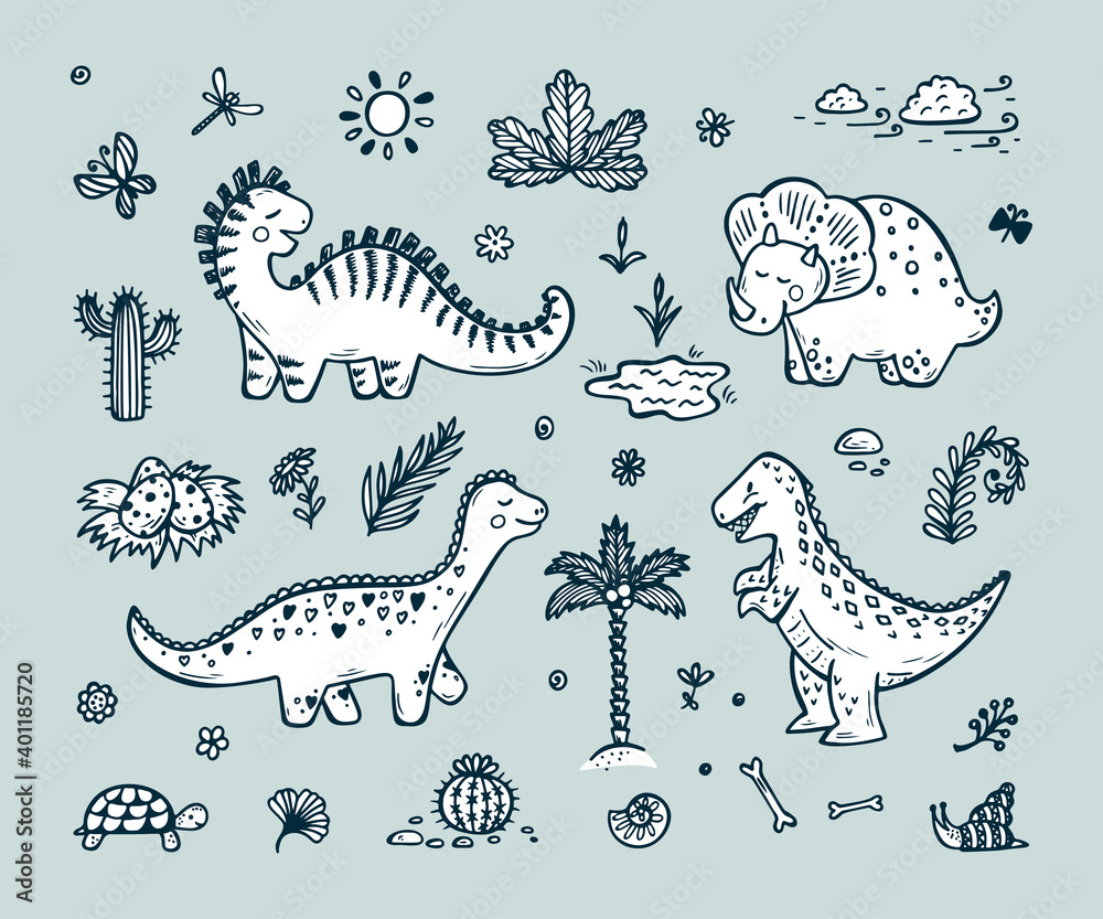 Extinct animals. Cute Cartoon Dinosaur Vector set. Hand drawn doodle ...