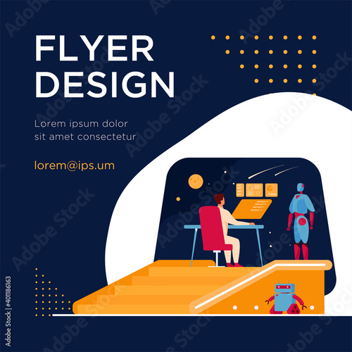Futuristic space station interior with human and robotic crew. People and robots monitoring galaxy. For interstellar spaceship bridge, science fiction, intergalactic travel concept